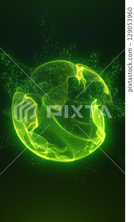 Glowing green energy sphere formed by dynamic mesh particles and radiant digital strands in a dark space Glowing green energy sphere formed by dynamic mesh particles and radiant digital strands in a dark space 129053960