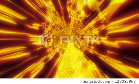 Fiery yellow and orange tunnel with intense light streaks radiating from the center, evoking explosive motion Fiery yellow and orange tunnel with intense light streaks radiating from the center, evoking explosive motion 129053968