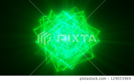 Glowing green energy sphere formed by dynamic mesh particles and radiant digital strands in a dark space 129053969