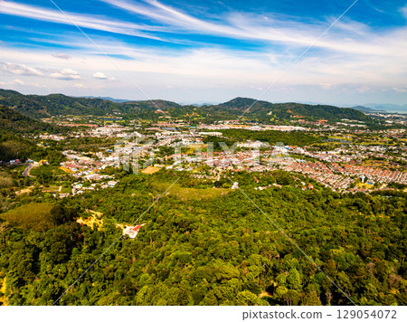 Beautiful Aerial view landscape and cityscape view,High angle view Kathu city in Phuket island Thailand Beautiful Aerial view landscape and cityscape view,High angle view Kathu city in Phuket island Thailand 129054072