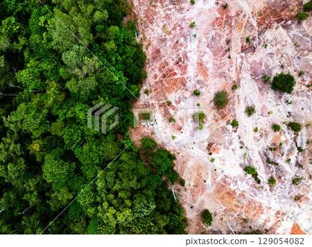 Deforestation aerial photo,Forest destroyed environmental damage from deforestation and land erosion in rural areas,Deforestation environmental destruction,Rainforest destroyed for human development 129054082
