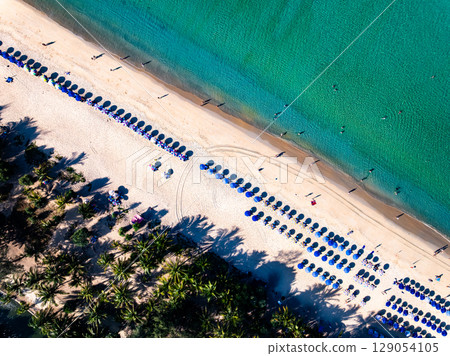 Top view Beach sand in summer season Top view Beach sand in summer season 129054105