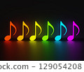 Glowing neon music notes of rainbow colors placed on black glossy background. Concept of party, celebration. Reflection on the bottom and back part. Colorful illustration, 3D render. 129054208