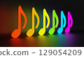 Glowing neon music notes of rainbow colors placed on black glossy background. Concept of party, celebration. Reflection on the bottom and back part. Colorful illustration, 3D render. 129054209
