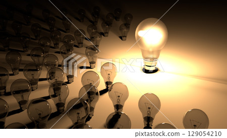 Lightbulbs placed around the glowing light bulb. The big lighbulb is glowing surounded by small lightbulbs, which are dead and shutdown. Representation of big energy consuption of bulbs 129054210