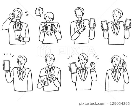 A man in a suit holding a mobile phone, set, line drawing 129054265