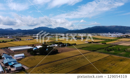 A local train running through rural landscapes and mountains 129054319