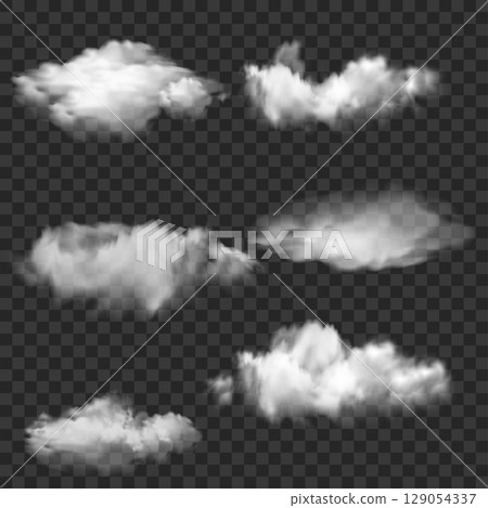 Realistic White Smoke and Cloud Shapes Set. Transparent Overlay. Vector Realistic White Smoke and Cloud Shapes Set. Transparent Overlay. Vector 129054337