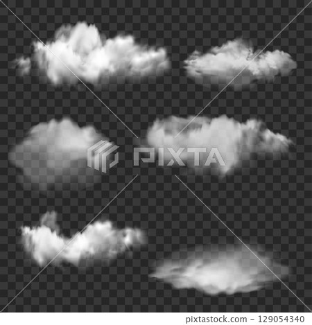 Realistic White Smoke and Cloud Shapes Set. Transparent Overlay. Vector 129054340