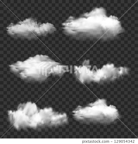 Realistic White Smoke and Cloud Shapes Set. Transparent Overlay. Vector 129054342