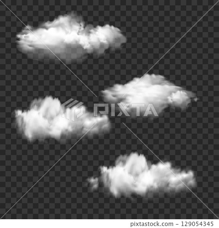 Realistic White Smoke and Cloud Shapes Set. Transparent Overlay. Vector Realistic White Smoke and Cloud Shapes Set. Transparent Overlay. Vector 129054345