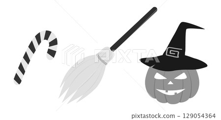 Freehand Striped Candy Cane Broom and Jack Lantern in Witch Hat Grayscale Halloween design elements Freehand Striped Candy Cane Broom and Jack Lantern in Witch Hat Grayscale Halloween design elements 129054364