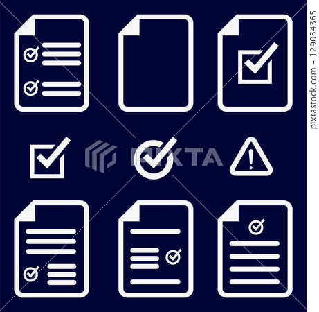 Set of checkmarked documents and caution icons Set of checkmarked documents and caution icons 129054365