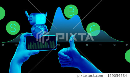 Fintech collage. Robot with thumbs-up near phone and currency graph 129054384