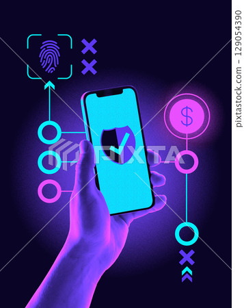 Digital collage. Hand holding phone with fingerprint and secure payment icons in neon interface 129054390