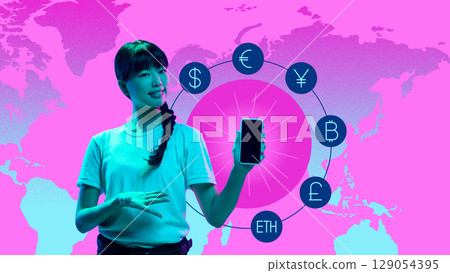 Creative digital artwork. Woman showing smartphone with currency symbols around globe on pink background Creative digital artwork. Woman showing smartphone with currency symbols around globe on pink background 129054395