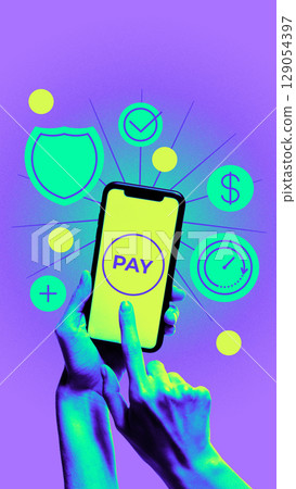 Neon style collage. Hands holding smartphone with pay button and security icons Neon style collage. Hands holding smartphone with pay button and security icons 129054397