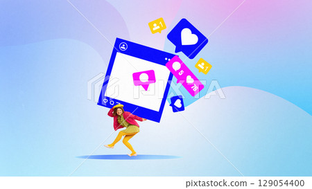 Colorful artwork. Woman balancing giant social media post full of likes and notifications 129054400