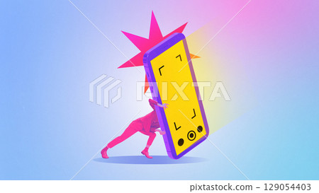 Bold bright poster. Woman pushing giant smartphone with camera interface and colorful flash Bold bright poster. Woman pushing giant smartphone with camera interface and colorful flash 129054403