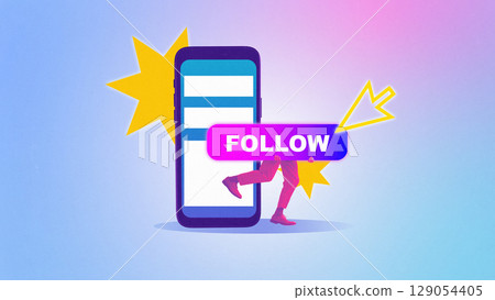 Modern composition. Man holding Follow button in front of smartphone with bright starbursts 129054405