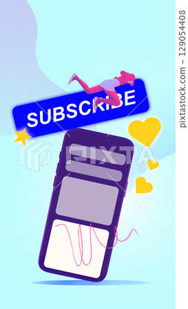 Collage of girl diving on giant Subscribe button above oversized phone screen with hearts 129054408