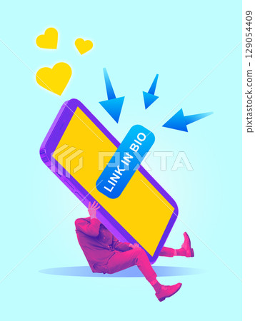 Digital artwork. Man crushed by giant smartphone with Link in Bio button and flying hearts 129054409