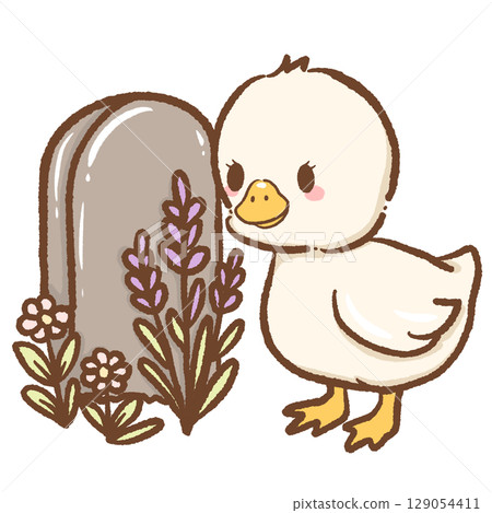 Cute goose standing beside a headstone gentle mourning scene illustration perfect for remembrance theme peaceful cemetery setting animal tribute art cozy Halloween or autumn memorial design Cute goose standing beside a headstone gentle mourning scene illustration perfect for remembrance theme peaceful cemetery setting animal tribute art cozy Halloween or autumn memorial design 129054411