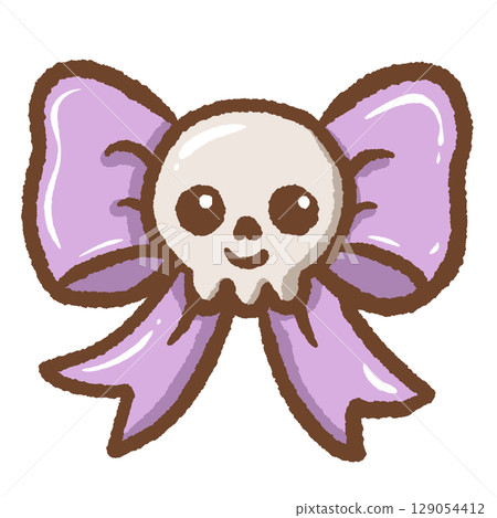 Spooky skull resting on purple ribbon gothic Halloween illustration perfect for dark aesthetic design creepy cute decor emblem or badge clipart alternative fashion and spooky season theme art 129054412