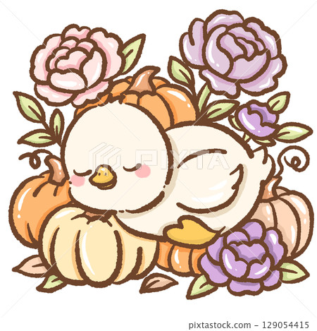 A peaceful goose sleeping among vibrant pumpkins surrounded by lush purple and pink peonies cozy autumn garden scene perfect for seasonal designs greeting cards and nature inspired artwork 129054415