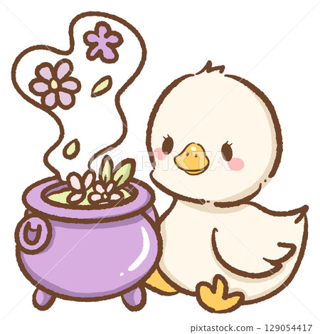 Cute goose sitting beside purple cauldron with smoke and flowers magical Halloween illustration perfect for spooky season cozy witchy animal art autumn potion scene and enchanted fall design 129054417