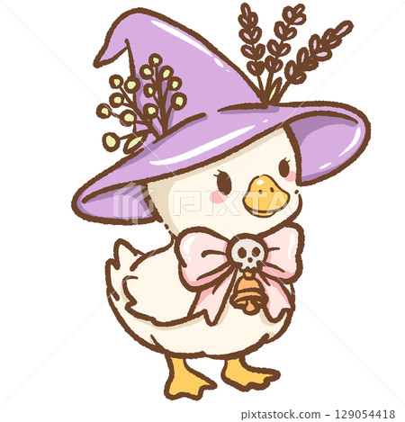 Cute goose wearing purple witch hat with floral decorations and ribbon around neck whimsical Halloween illustration perfect for cozy spooky season animal art magical fall and autumn clipart theme 129054418