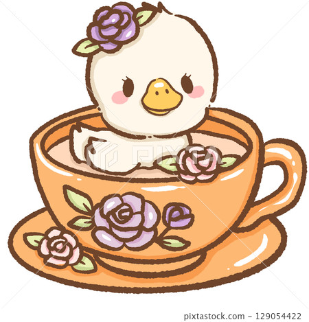 Adorable goose sitting inside an orange floral teacup surrounded by beautiful purple roses whimsical charming nature inspired spring garden illustration perfect for greeting cards and design projects 129054422