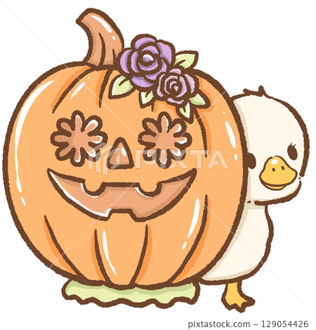 A cute goose hiding behind a carved jack o lantern surrounded by autumn flowers spooky fall scene perfect for Halloween designs seasonal decorations greeting cards and whimsical artwork projects 129054426