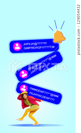 Bold poster. Woman in yellow tights dodging giant blue message bubbles with random characters 129054432