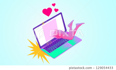 Creative digital artwork. Man diving into laptop with hearts above and legs in air 129054433