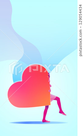 Contemporary collage. Woman in pink tights carrying oversized heart shape on pastel background Contemporary collage. Woman in pink tights carrying oversized heart shape on pastel background 129054434