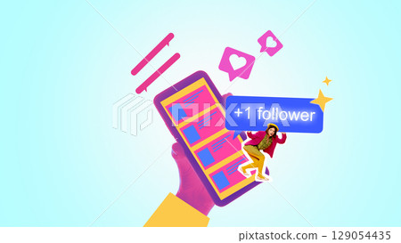 Bright collage. Woman standing on large phone next to follower alert and social media icons Bright collage. Woman standing on large phone next to follower alert and social media icons 129054435