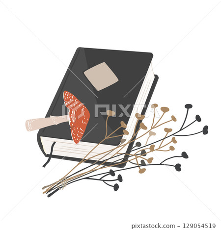 Halloween Aesthetic Composition with a Witch magical book, fly agaric mushroom and dried flowers. Vector Autumn illustration isolated on white. 129054519
