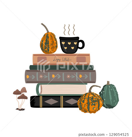 Fall Aesthetic Composition with Books, Pumpkin, and hot drink. Vector Autumn illustration 129054525