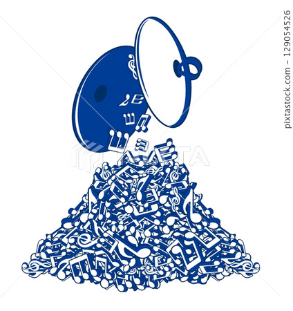 Brass cymbals musical instrument on top of mountain made of notes and musical symbols piled up in big heap. Musical notes big pile. Vector banner for advertising of music opera 129054526