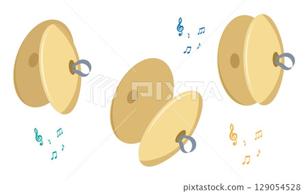 Isometric set of copper cymbals, a musical percussion instrument top aerial view. Realistic 3D vector concept isolated on white background 129054528