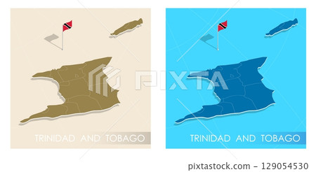 Trinidad and Tobago country flag installed on geographic positioning map point of country territory. Trinidad commonwealth banner on land and sea. Festive patriotic HD format template for independence 129054530
