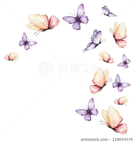 Frame with beautiful colorful butterflies. Watercolor hand drawn logo, template, insect clipart isolated on background. Botanical and wedding illustration. Baby shower design elements. Party 129054574