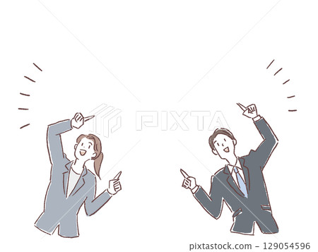 身穿西裝的年輕男子和女子的上半身向上指 129054596