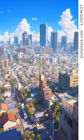A delicately hand-drawn panoramic illustration of a scene where the sky and the city are in harmony. The refreshing and expansive composition creates an impressive urban atmosphere. 129054637