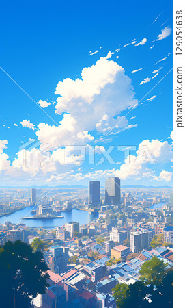 A delicately hand-drawn panoramic illustration of a scene where the sky and the city are in harmony. The refreshing and expansive composition creates an impressive urban atmosphere. 129054638