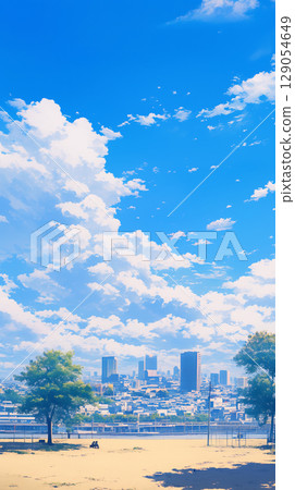 A hand-drawn landscape illustration of a city enveloped in a vast blue sky. City skyline and clear sky 129054649