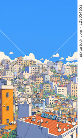 手繪風景插畫，描繪了一座被廣闊藍天籠罩的城市。城市天際線和晴朗的天空 129054652