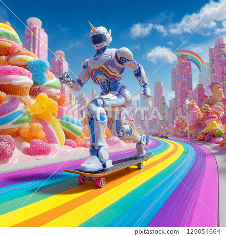 Colorful robot skater gliding through a whimsical candy-themed cityscape during a bright daytime in a vibrant fantasy world Colorful robot skater gliding through a whimsical candy-themed cityscape during a bright daytime in a vibrant fantasy world 129054664