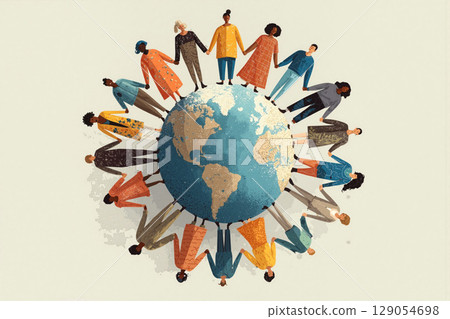 People from around the world hold hands together on a globe representing unity and diversity among cultures and communities 129054698